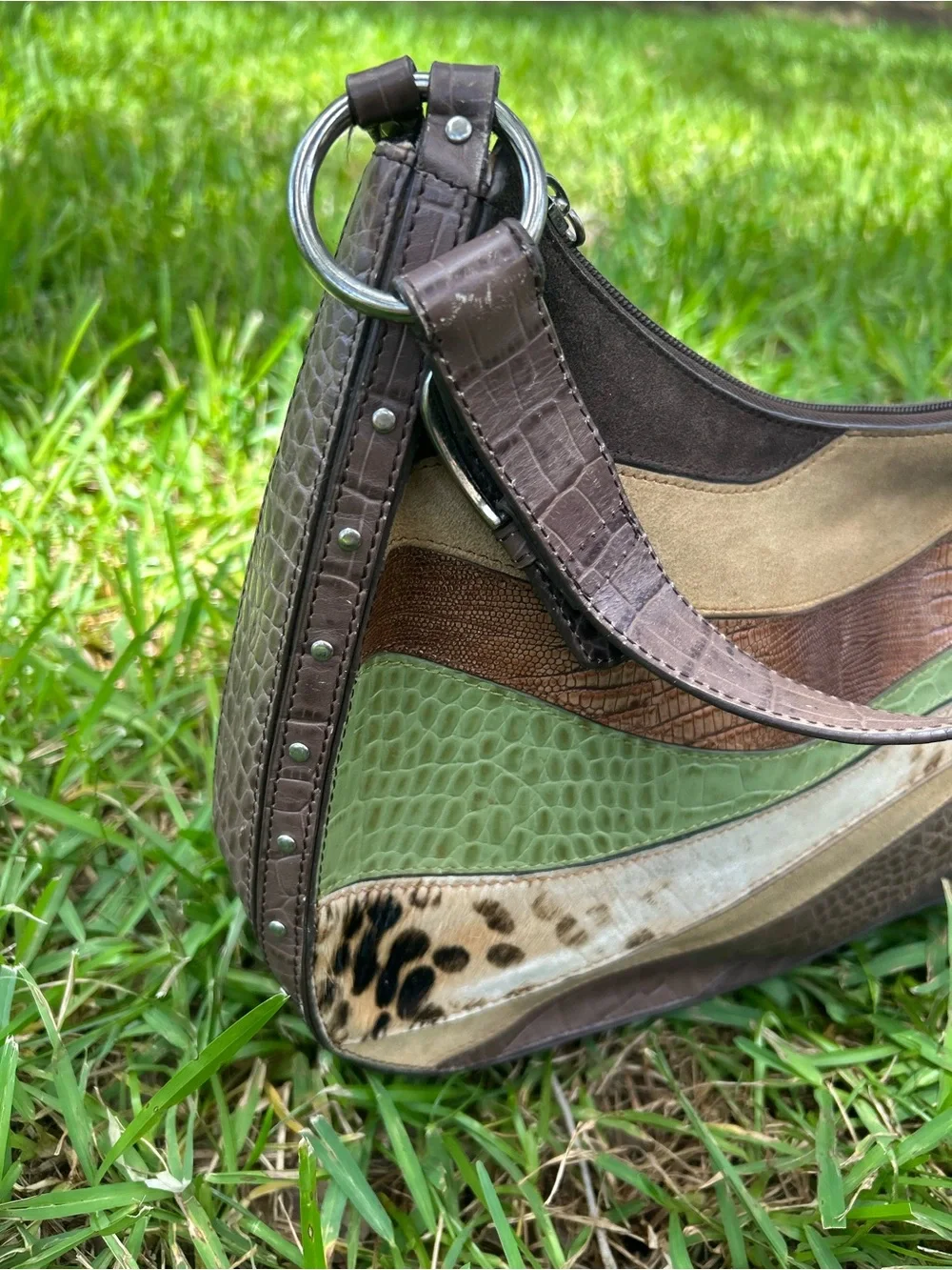 Vintage Sharif Women's Multi-Texture Patchwork Hobo Bag in Brown, Green & Cream